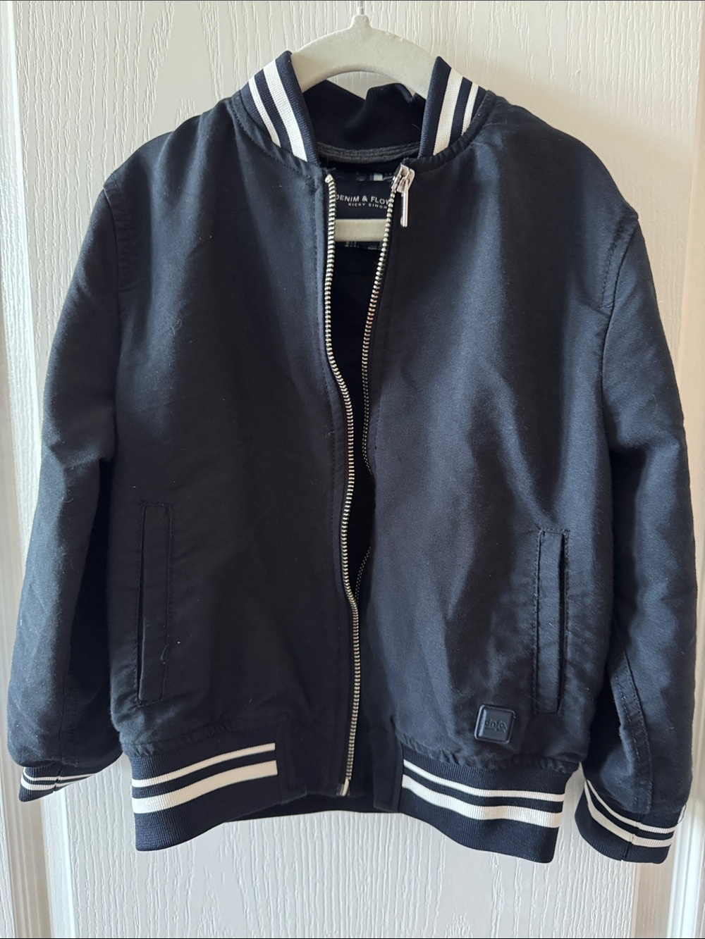 Denim & Flower Boys' Navy Bomber Jacket with White Stripe Trim